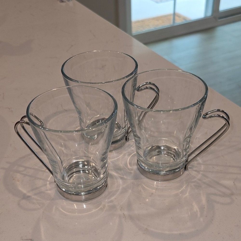 Bormioli Rocco Oslo Glass Coffee Mugs with Metal Handles Set of 3 Clear 7.5oz
